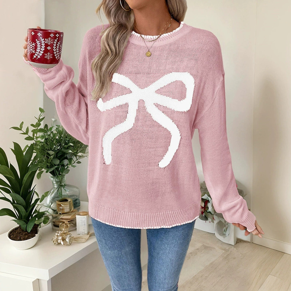 Womens Sweet Versatile Oversized Long Sleeve Round Neck Pink Christmas Sweater
